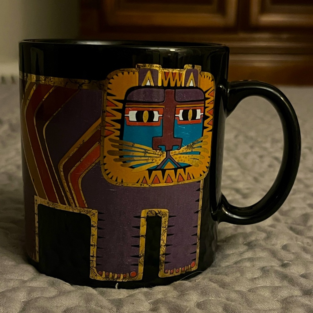VTG Laurel Burch Art Coffee Mug, Black with Gold and Purple Lion, 12 oz.